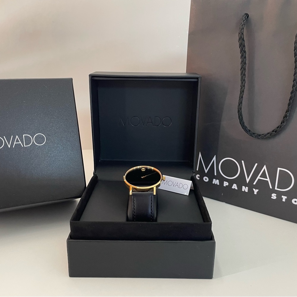 Movado Gold and Black Men's Watch Swiss Classic Museum Rare with Blue Crown